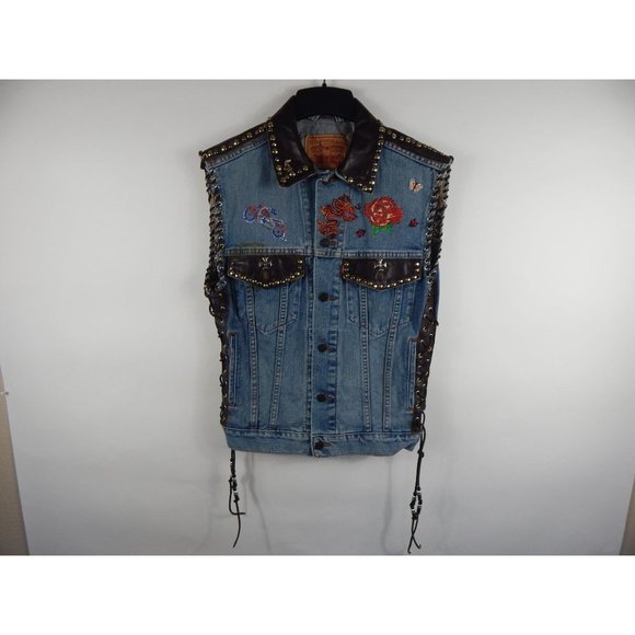 Levi's Custom Made Biker Denim Leather Trim Laced Vest Blue/Brown S Women's D85 - Picture 1 of 10